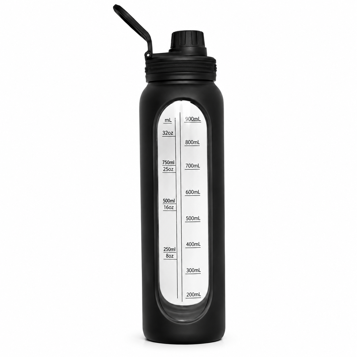 Silicon Layer 1l Glass Water Bottle with Volume Measurement Window, Leakproof Straw Lid, BPA-Free Reusable Sports Water Bottle with Carry Handle (Black)