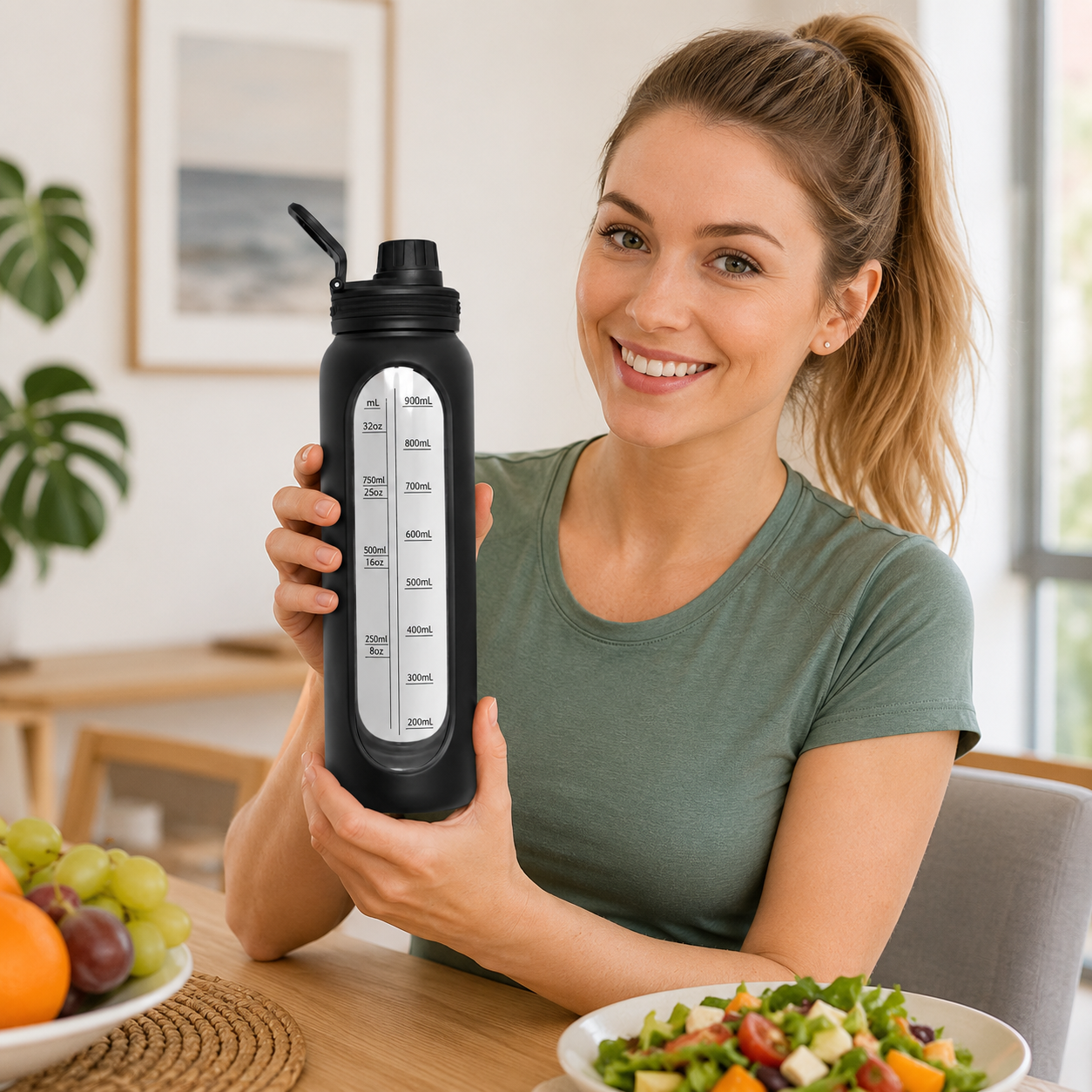 Silicon Layer 1l Glass Water Bottle with Volume Measurement Window, Leakproof Straw Lid, BPA-Free Reusable Sports Water Bottle with Carry Handle (Black) - Image 2