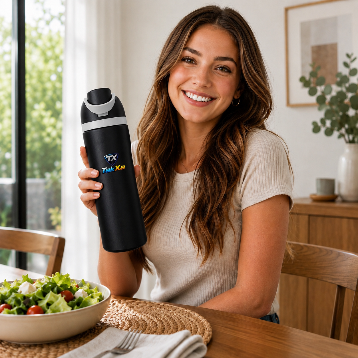 Taxa Gym Water Bottle with Straw & Chug Lid, Leak Proof Push Button Opening, BPA Free, Sports Bottle with Handle- 700ml (Black) - Image 2