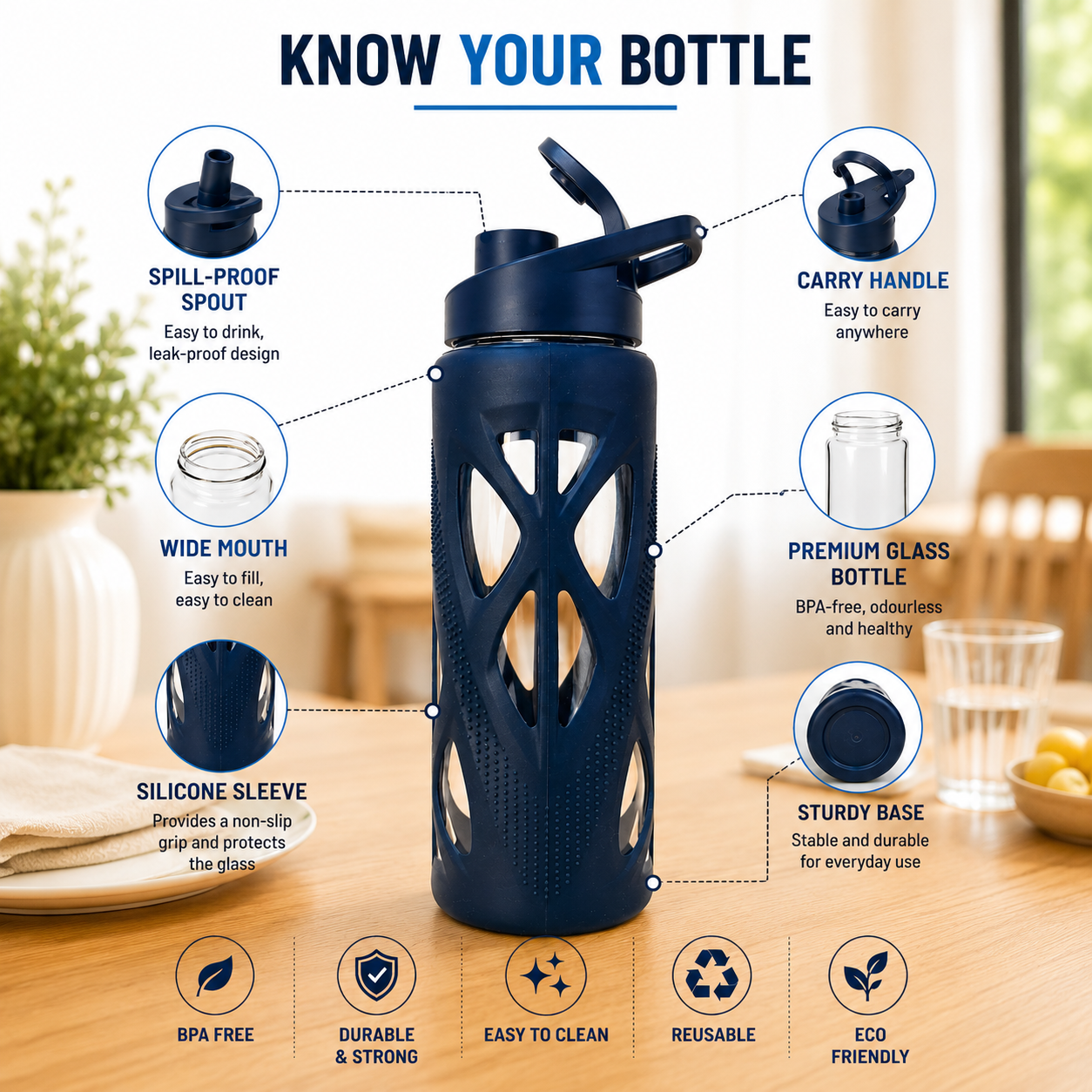 Glass Water Bottle With Cover for Office, Home, Fridge, Gym, Travel -750ml ( Black) - Image 2