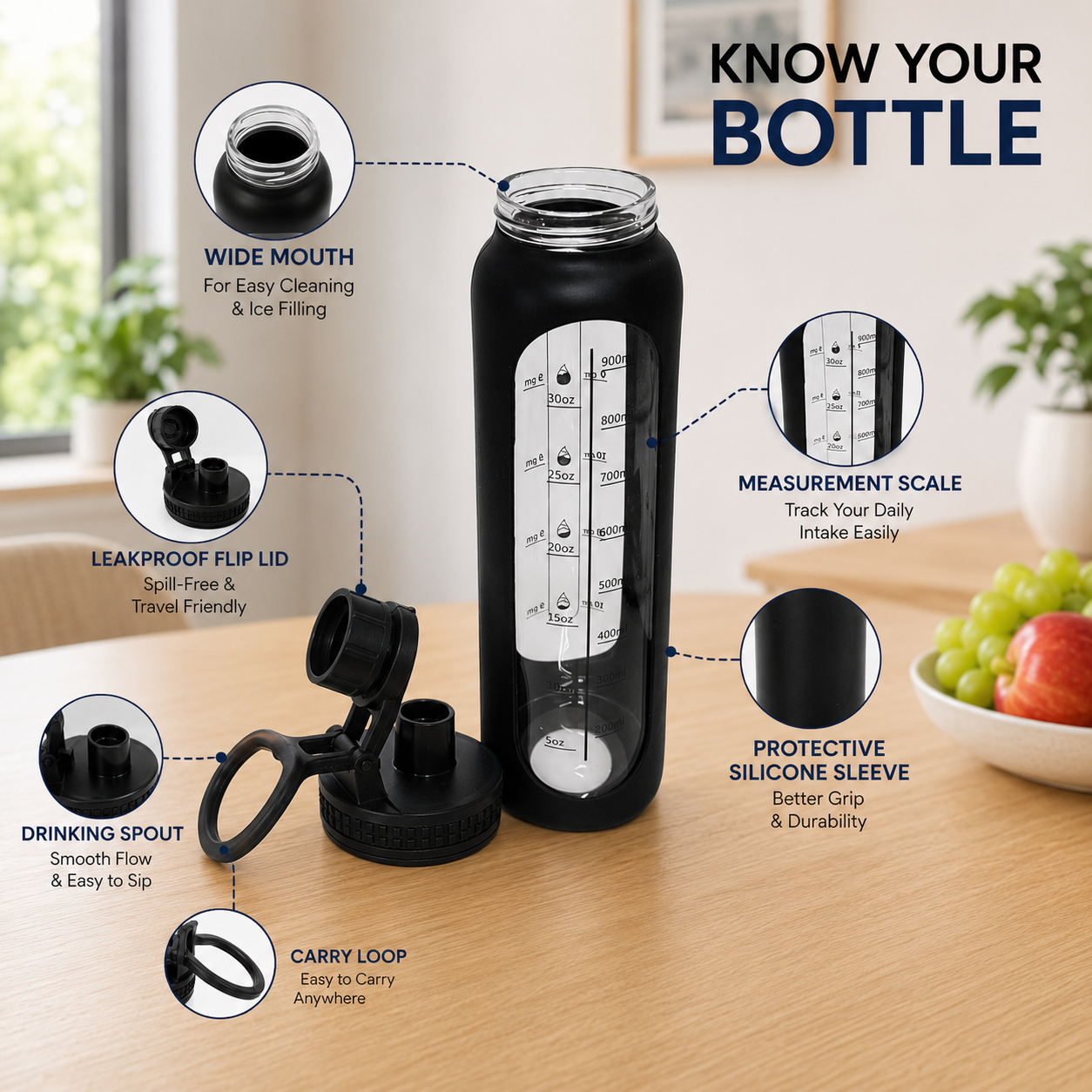Silicon Layer 1l Glass Water Bottle with Volume Measurement Window, Leakproof Straw Lid, BPA-Free Reusable Sports Water Bottle with Carry Handle (Black) - Image 4