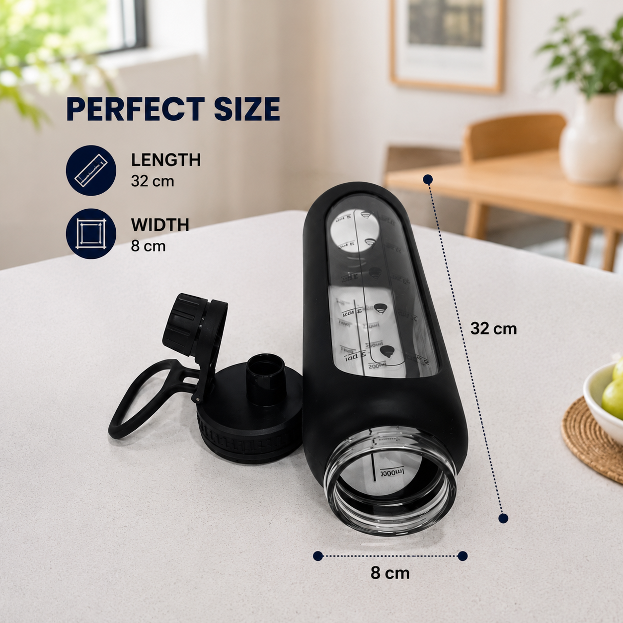 Silicon Layer 1l Glass Water Bottle with Volume Measurement Window, Leakproof Straw Lid, BPA-Free Reusable Sports Water Bottle with Carry Handle (Black) - Image 5