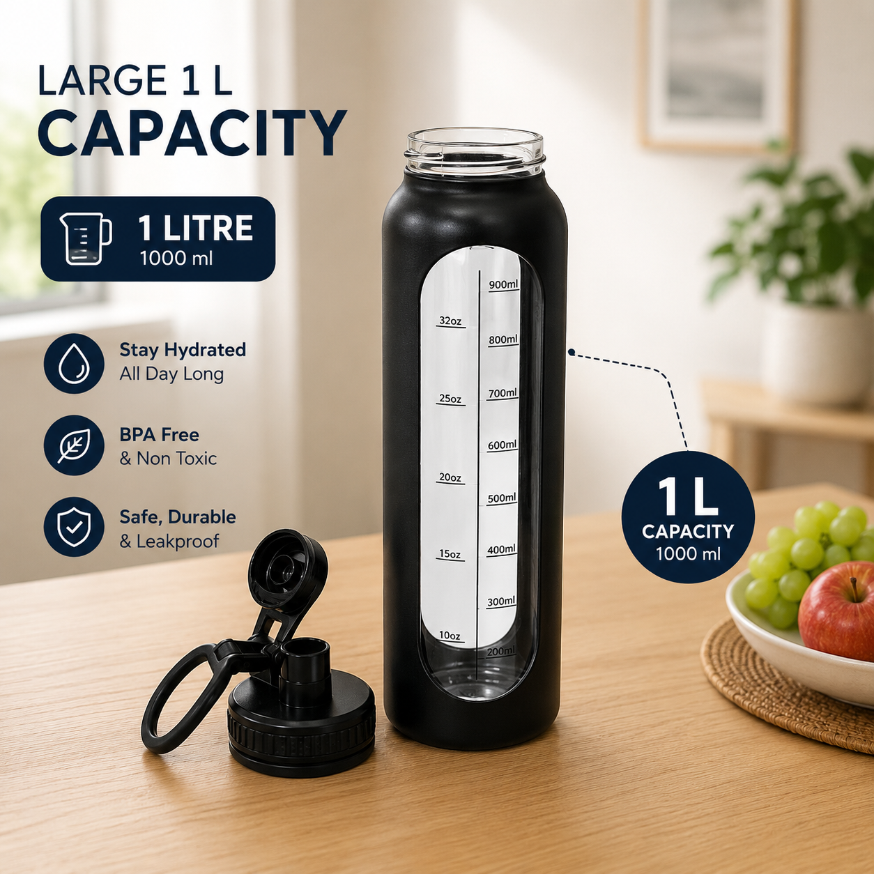 Silicon Layer 1l Glass Water Bottle with Volume Measurement Window, Leakproof Straw Lid, BPA-Free Reusable Sports Water Bottle with Carry Handle (Black) - Image 3