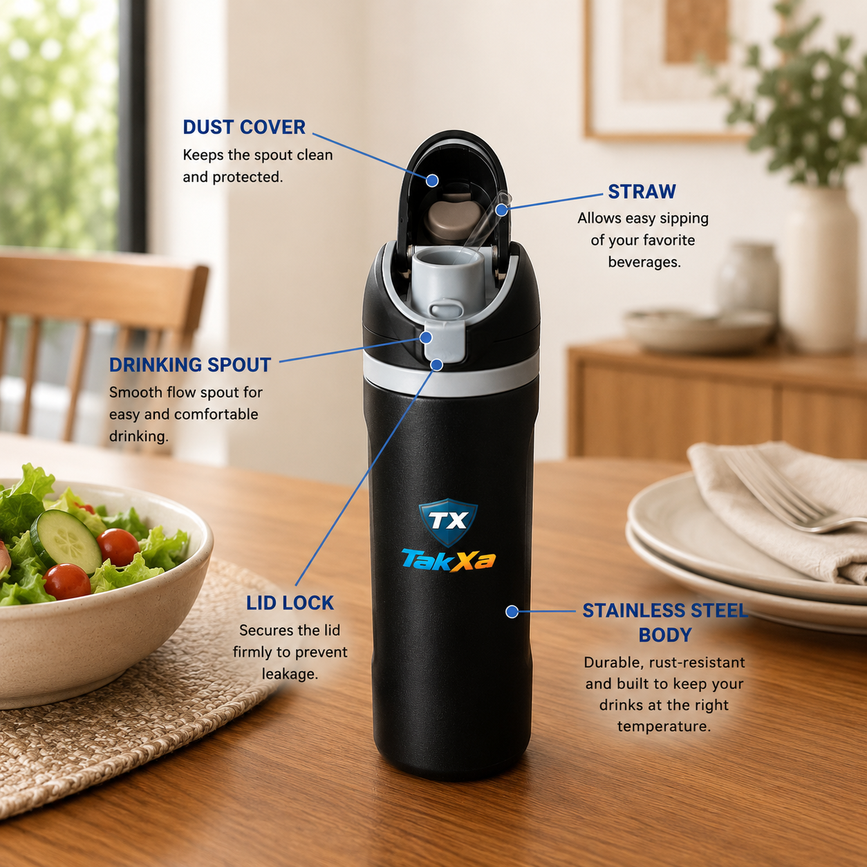 Taxa Gym Water Bottle with Straw & Chug Lid, Leak Proof Push Button Opening, BPA Free, Sports Bottle with Handle- 700ml (Black) - Image 5