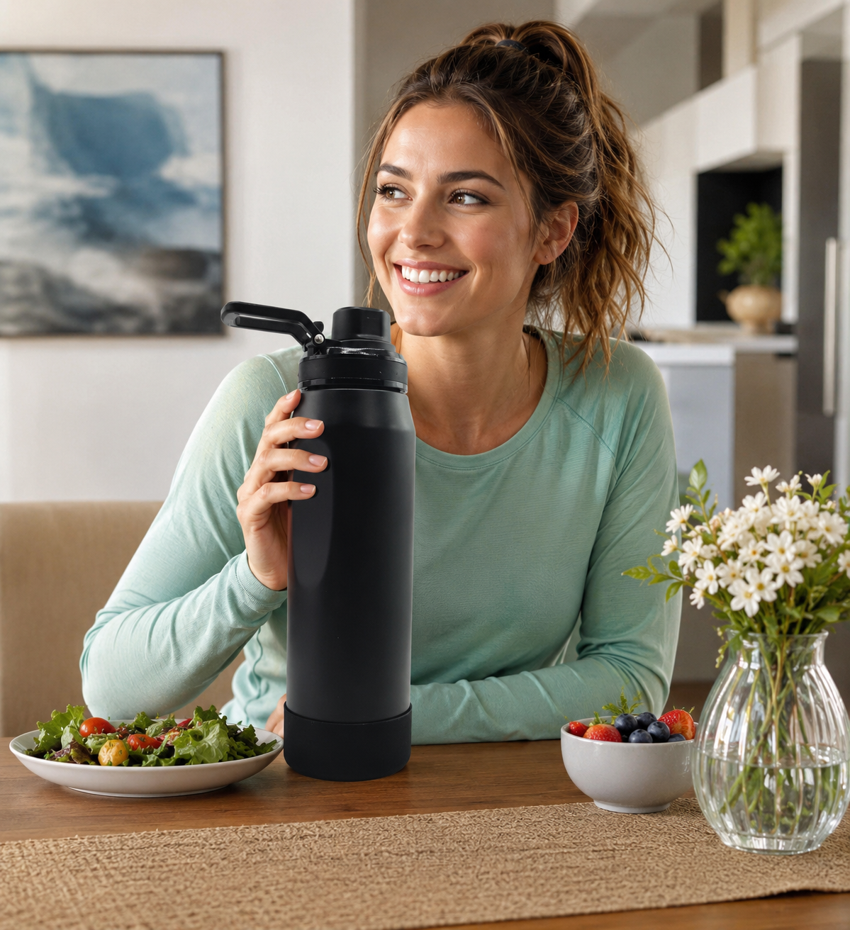 Stainless Steel Water Bottle, Leakproof, Quick Fill Lid, BPA, Suitable for Home, Office, Gym, Travel & Hiking (Black) - Image 2