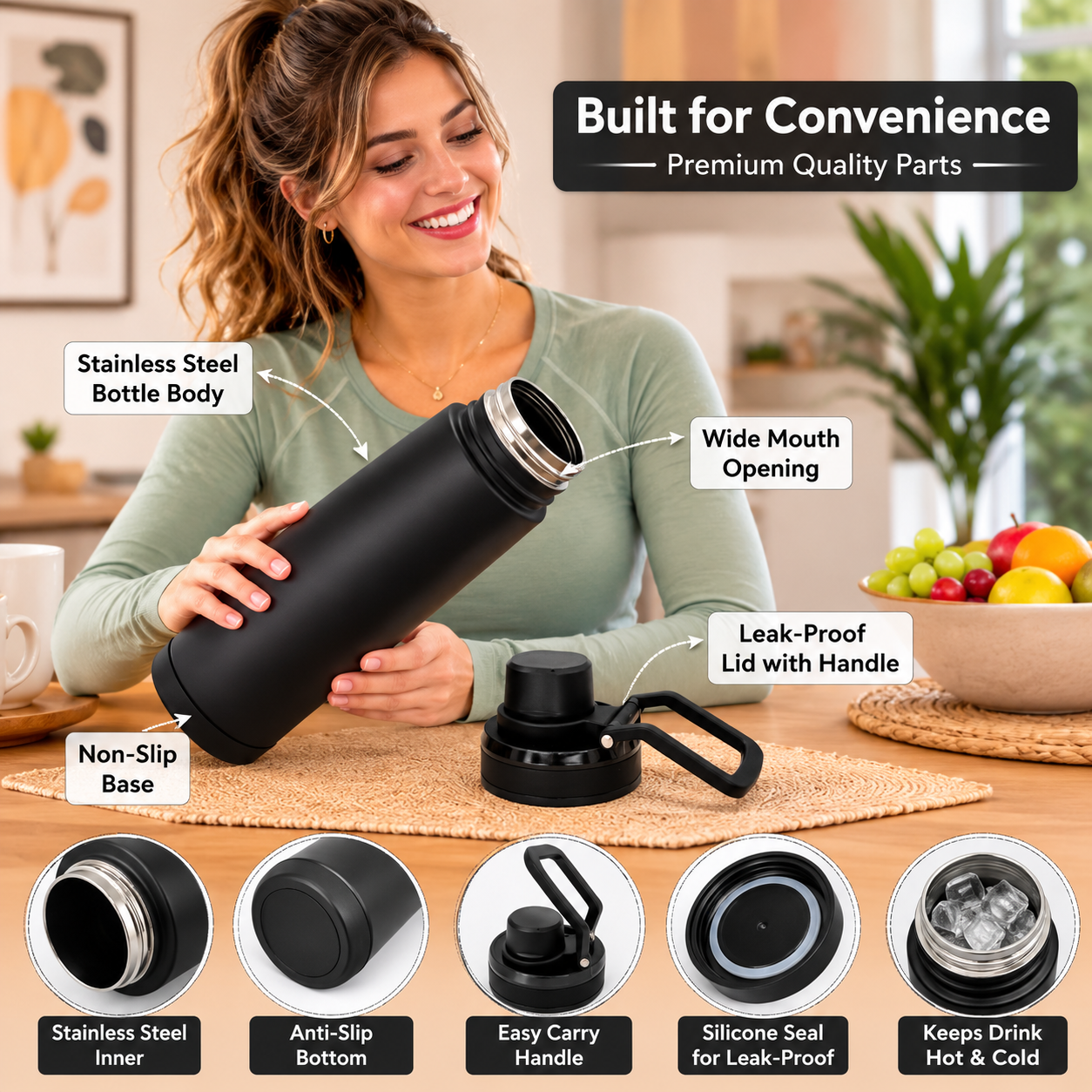 Stainless Steel Water Bottle, Leakproof, Quick Fill Lid, BPA, Suitable for Home, Office, Gym, Travel & Hiking (Black) - Image 5