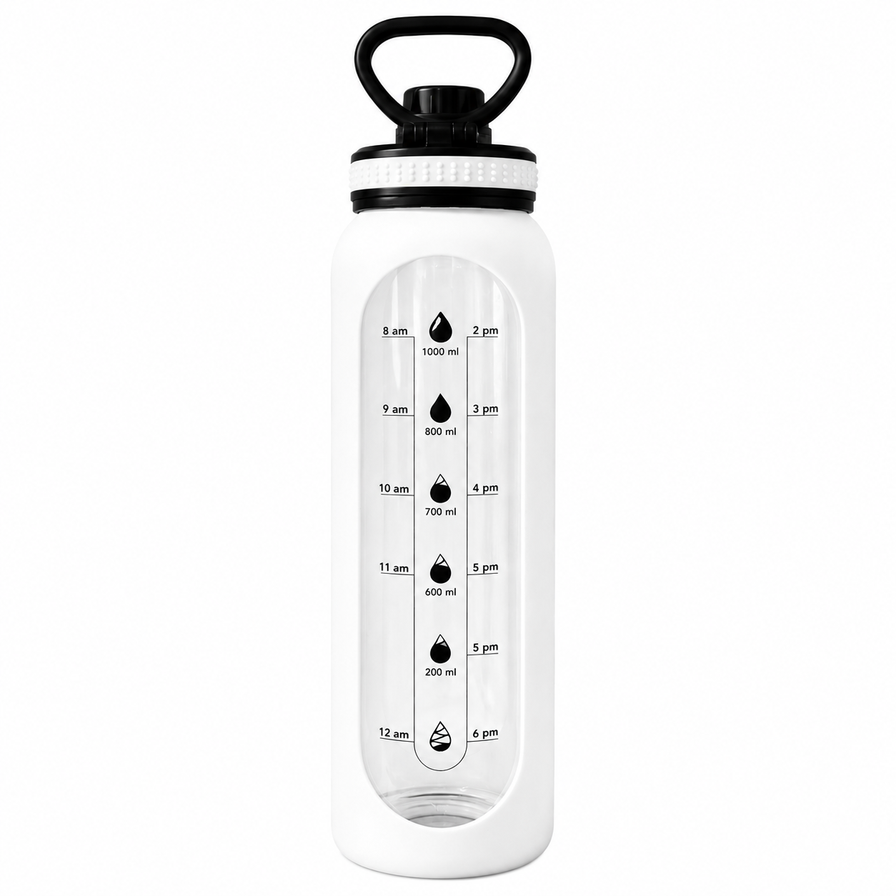 Silicon Layer 1l Glass Water Bottle with Volume Measurement Window, Leakproof Straw Lid, BPA-Free Reusable Sports Water Bottle with Carry Handle