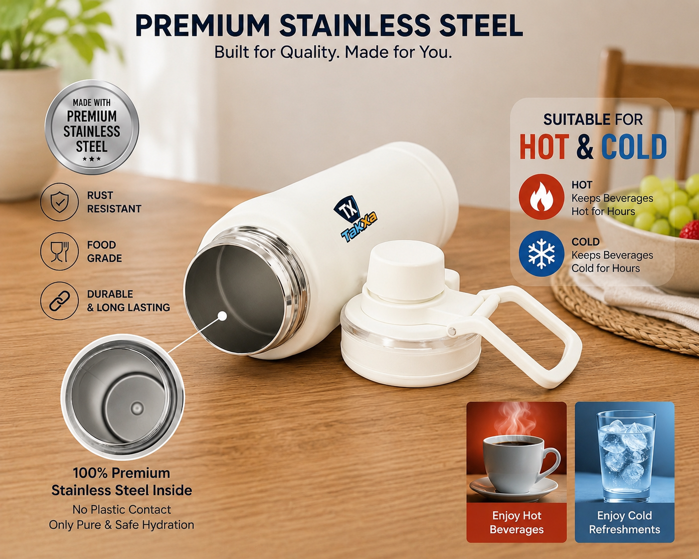 Stainless Steel Water Bottle, Leakproof, Quick Fill Lid, BPA, Suitable for Home, Office, Gym, Travel & Hiking - Image 4