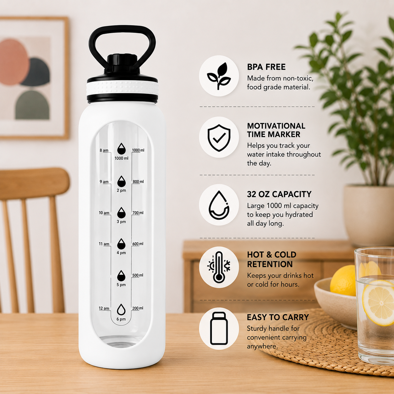 Silicon Layer 1l Glass Water Bottle with Volume Measurement Window, Leakproof Straw Lid, BPA-Free Reusable Sports Water Bottle with Carry Handle - Image 4