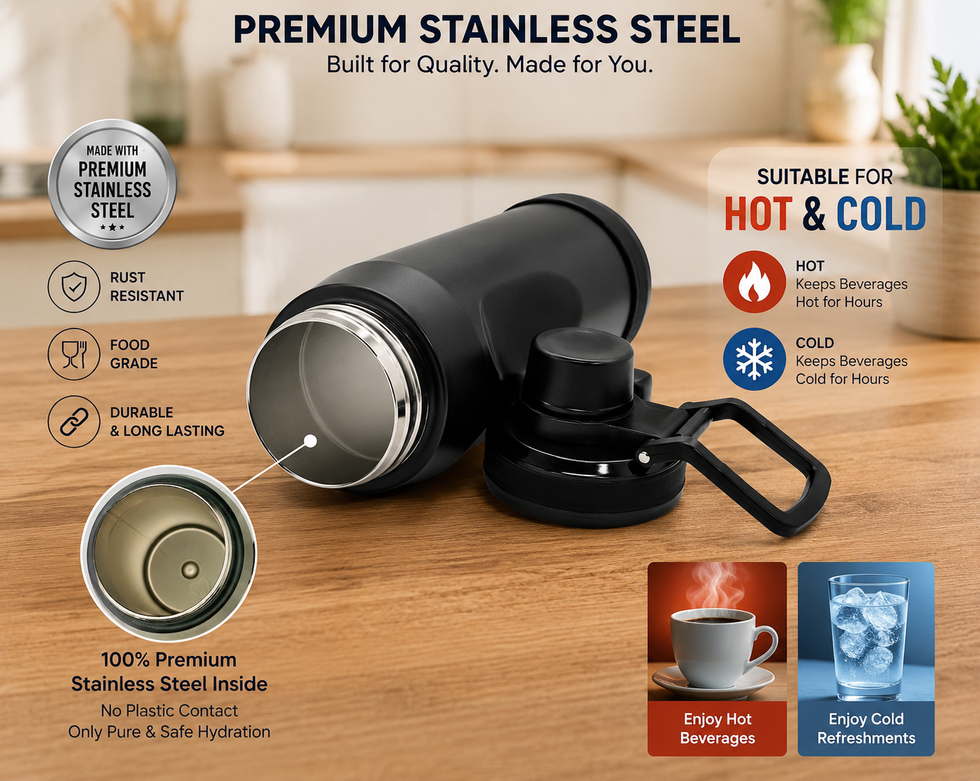 Stainless Steel Water Bottle, Leakproof, Quick Fill Lid, BPA, Suitable for Home, Office, Gym, Travel & Hiking (Black) - Image 4
