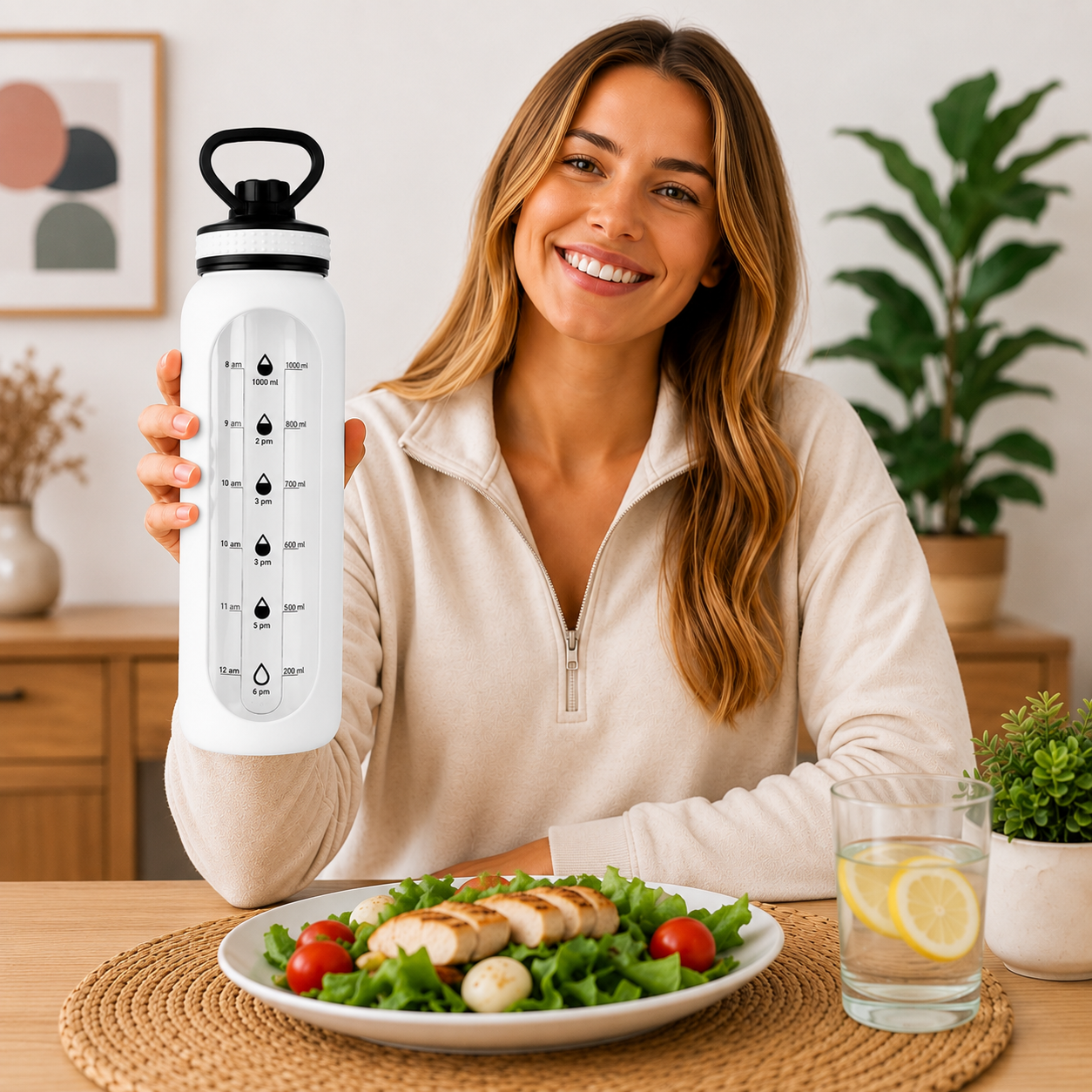 Silicon Layer 1l Glass Water Bottle with Volume Measurement Window, Leakproof Straw Lid, BPA-Free Reusable Sports Water Bottle with Carry Handle - Image 2