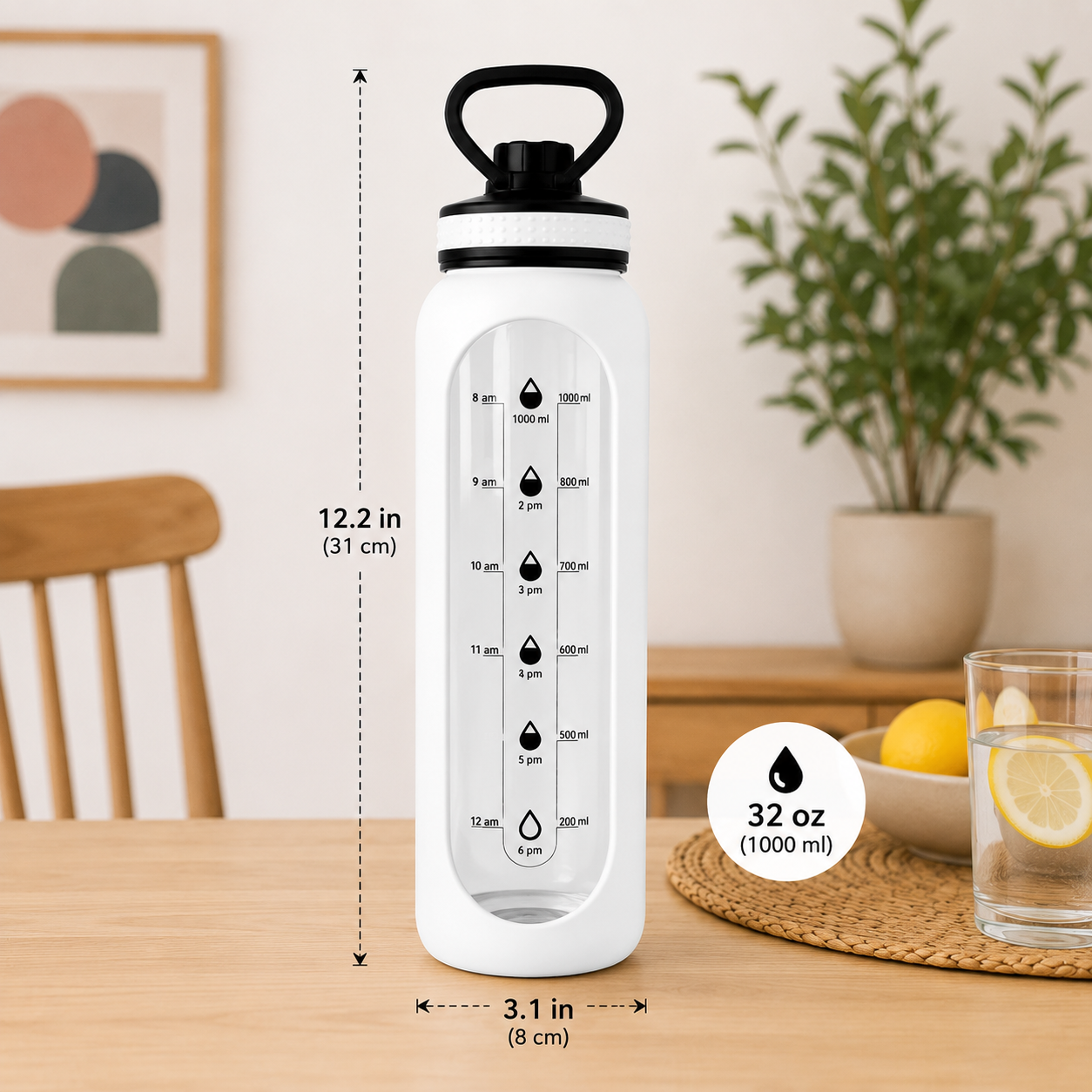 Silicon Layer 1l Glass Water Bottle with Volume Measurement Window, Leakproof Straw Lid, BPA-Free Reusable Sports Water Bottle with Carry Handle - Image 3