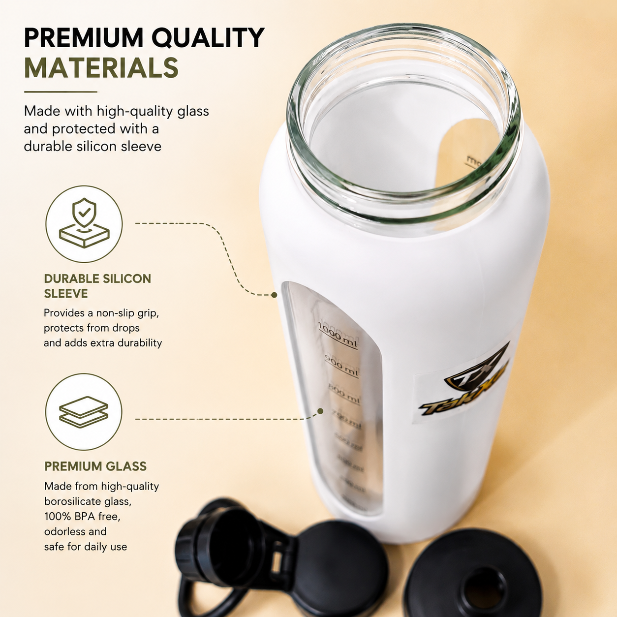 Silicon Layer 1l Glass Water Bottle with Volume Measurement Window, Leakproof Straw Lid, BPA-Free Reusable Sports Water Bottle with Carry Handle - Image 6